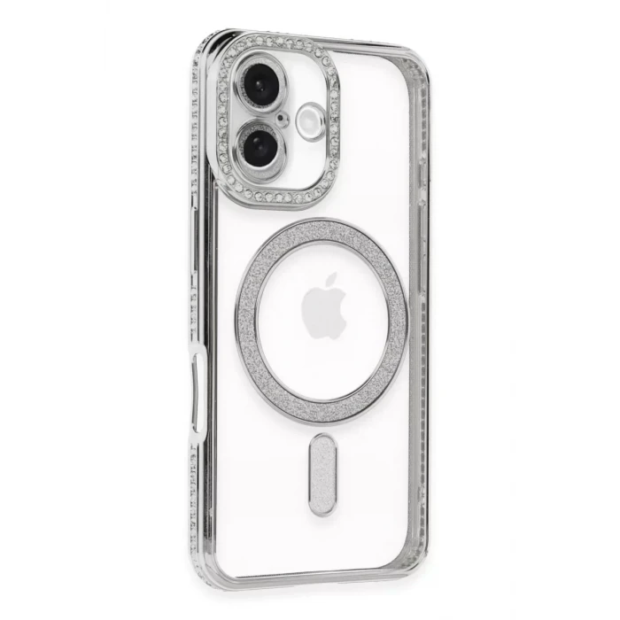Newface Apple iPhone 16 Plus Kılıf Joke Simli Magneticsafe Kılıf - Gümüş