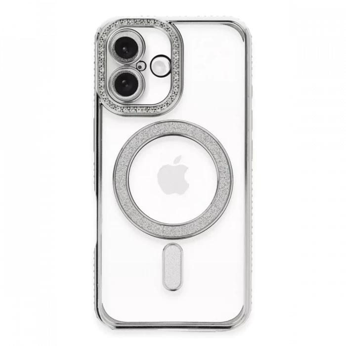Newface Apple iPhone 16 Plus Kılıf Joke Simli Magneticsafe Kılıf - Gümüş