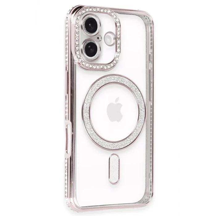 Newface Apple iPhone 16 Plus Kılıf Joke Simli Magneticsafe Kılıf - Pembe
