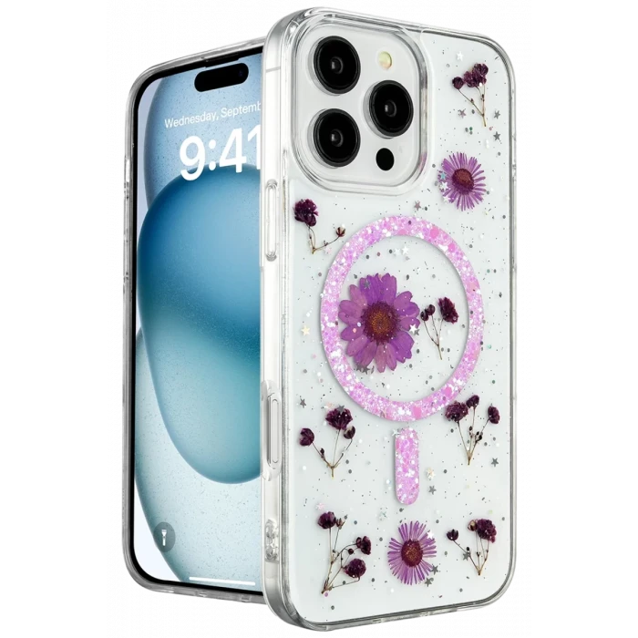 Newface Apple iPhone 16 Pro Kılıf Daisy Simli Magsafe Kapak - Mor