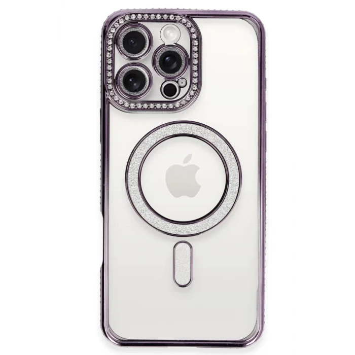 Newface Apple iPhone 16 Pro Kılıf Joke Simli Magneticsafe Kılıf - Derin Mor