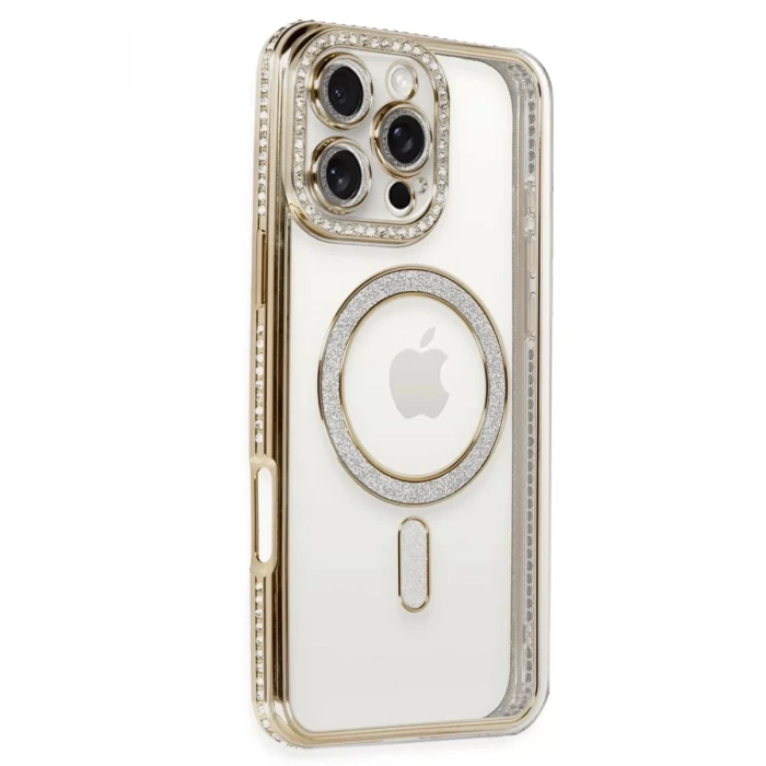 Newface Apple iPhone 16 Pro Kılıf Joke Simli Magneticsafe Kılıf - Gold