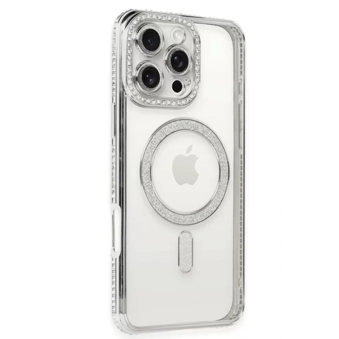 Newface Apple iPhone 16 Pro Kılıf Joke Simli Magneticsafe Kılıf - Gümüş
