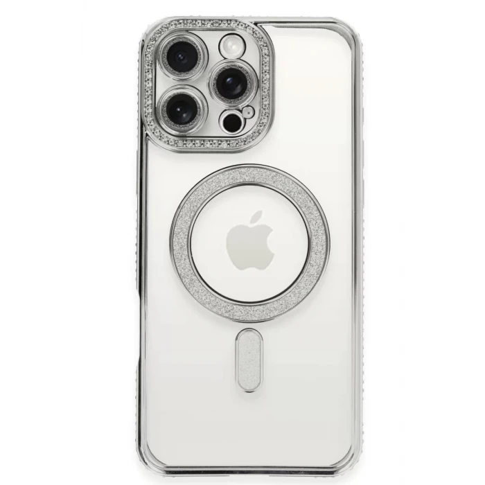 Newface Apple iPhone 16 Pro Kılıf Joke Simli Magneticsafe Kılıf - Gümüş