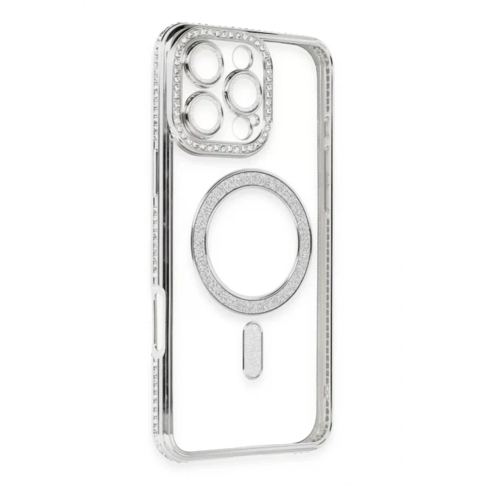 Newface Apple iPhone 16 Pro Kılıf Joke Simli Magneticsafe Kılıf - Gümüş