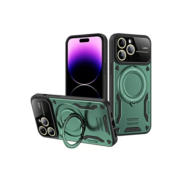 Newface Apple iPhone 16 Pro Kılıf Joy Lens Standlı Kapak - Koyu Yeşil