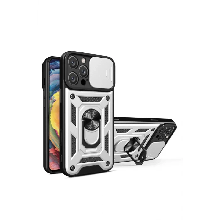 Newface Apple iPhone 16 Pro Kılıf Pars Lens Yüzüklü Silikon - Gümüş