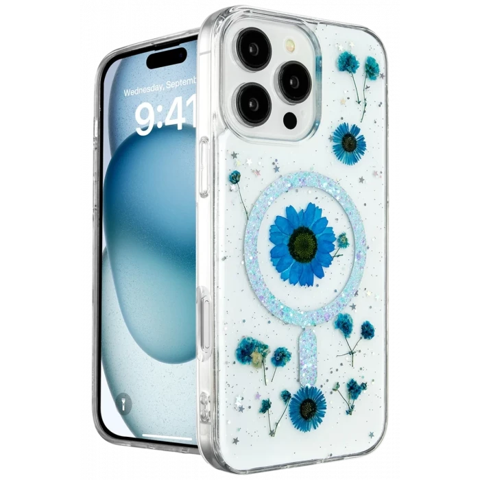 Newface Apple iPhone 16 Pro Max Kılıf Daisy Simli Magsafe Kapak - Mavi