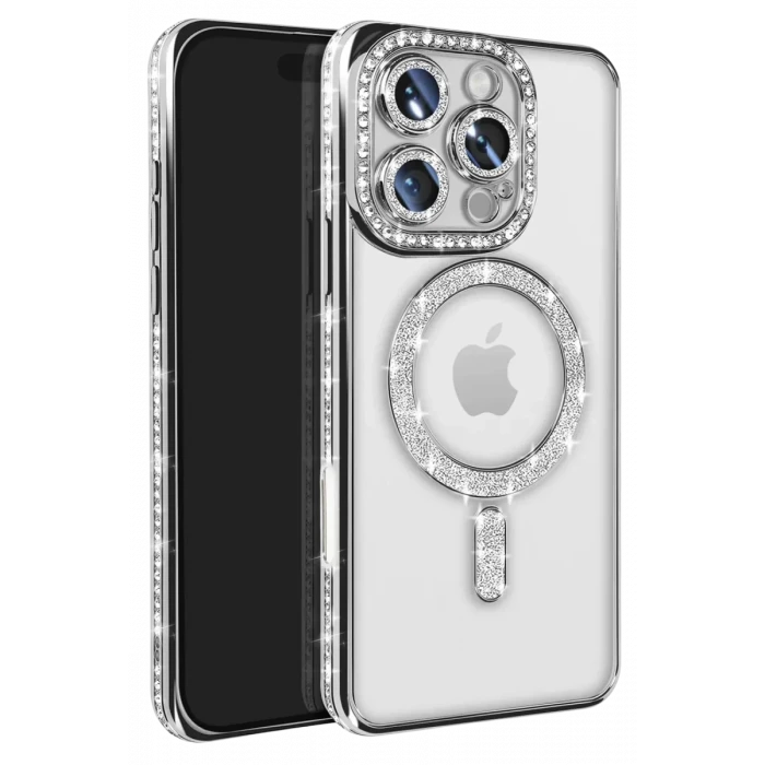 Newface Apple iPhone 16 Pro Max Kılıf Joke Simli Magneticsafe Kılıf - Gümüş