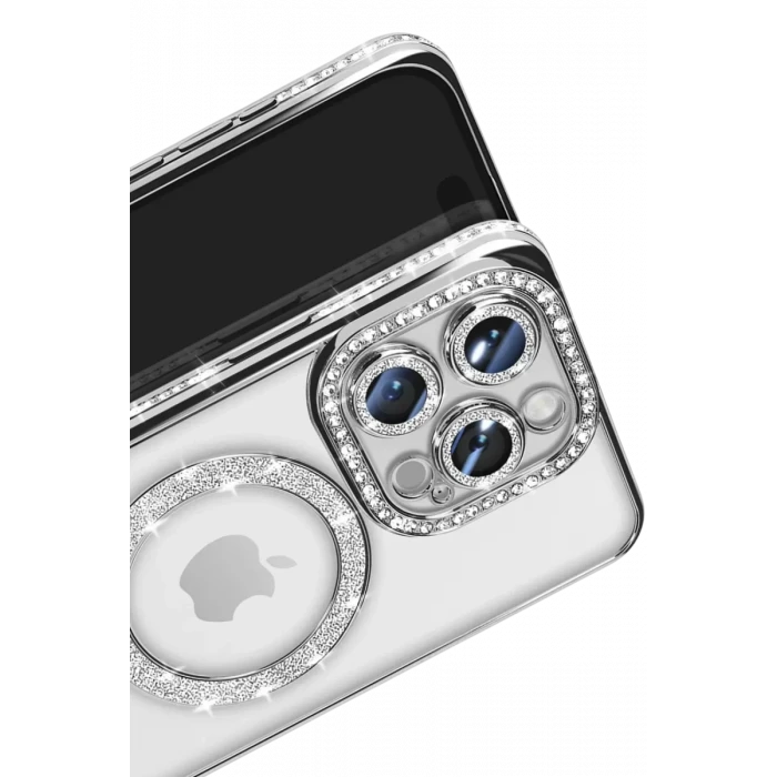 Newface Apple iPhone 16 Pro Max Kılıf Joke Simli Magneticsafe Kılıf - Gümüş