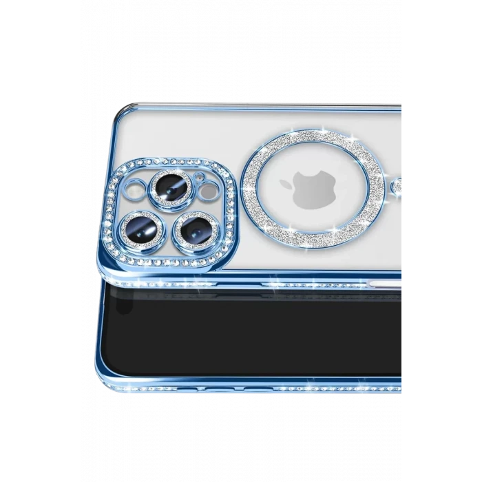 Newface Apple iPhone 16 Pro Max Kılıf Joke Simli Magneticsafe Kılıf - Mavi
