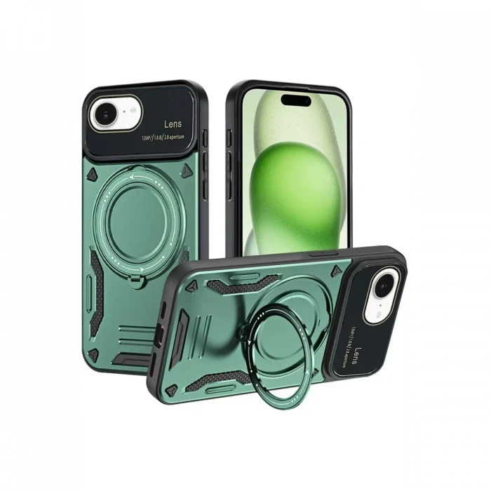 Newface Apple iPhone 16E Kılıf Joy Lens Standlı Kapak - Koyu Yeşil