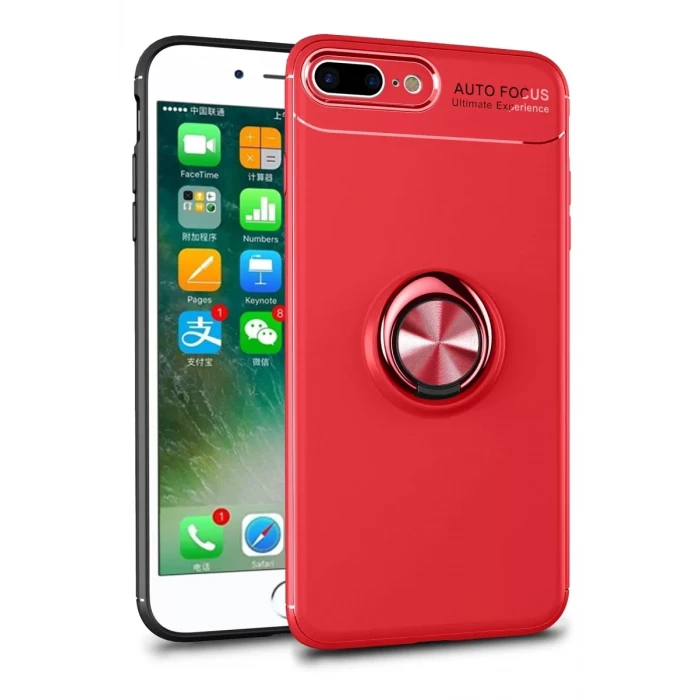 Newface Apple iPhone 7 Plus Kılıf Range Yüzüklü Silikon - Kırmızı