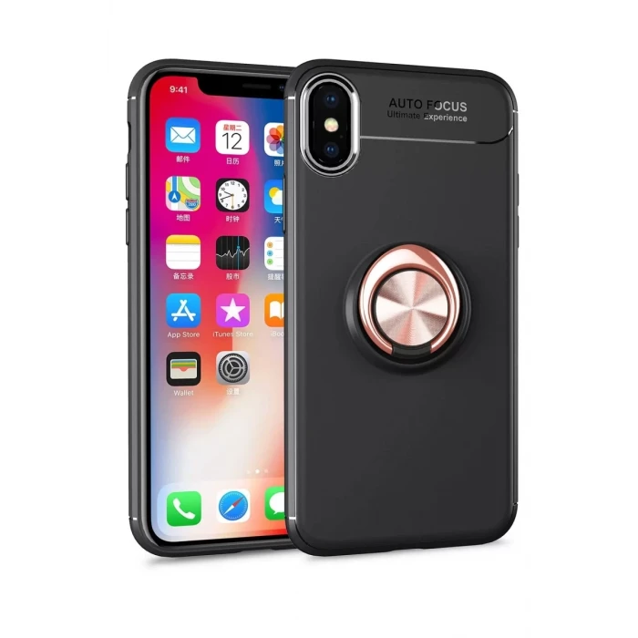 Newface Apple iPhone XS Max Kılıf Range Yüzüklü Silikon - Siyah-Gold