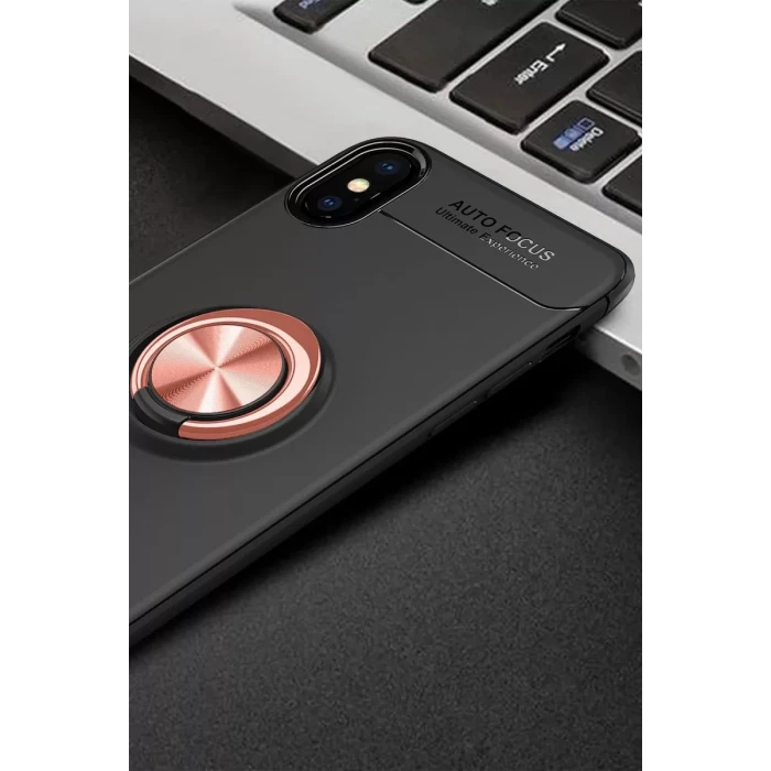 Newface Apple iPhone XS Max Kılıf Range Yüzüklü Silikon - Siyah-Gold