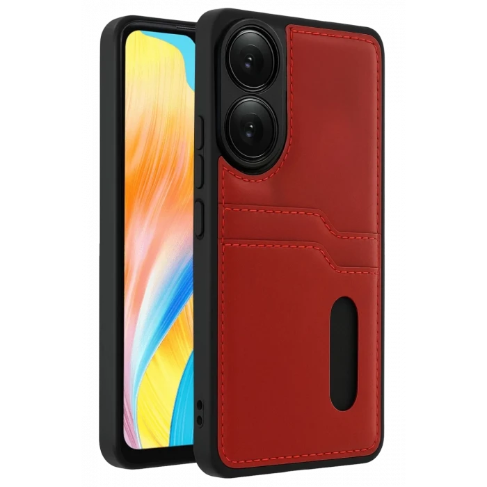 Newface Oppo A38 Sara Kartvizitli Deri Kılıf - Kırmızı