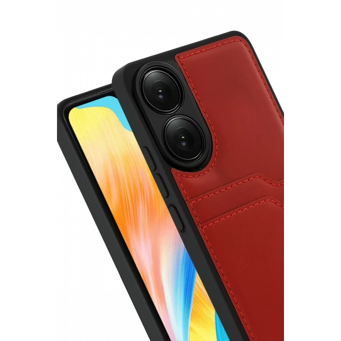 Newface Oppo A38 Sara Kartvizitli Deri Kılıf - Kırmızı