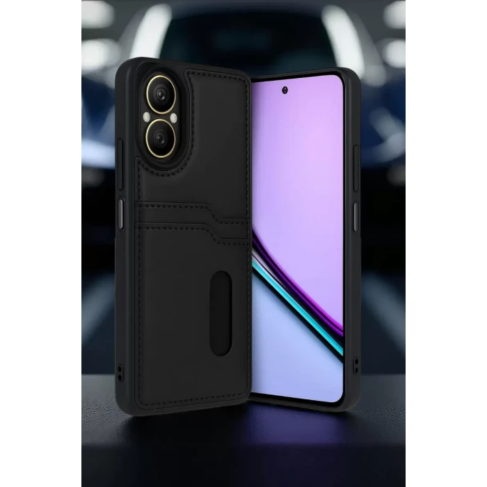 Newface Realme 12 Lite Kılıf Sara Kartvizitli Deri Kılıf - Siyah