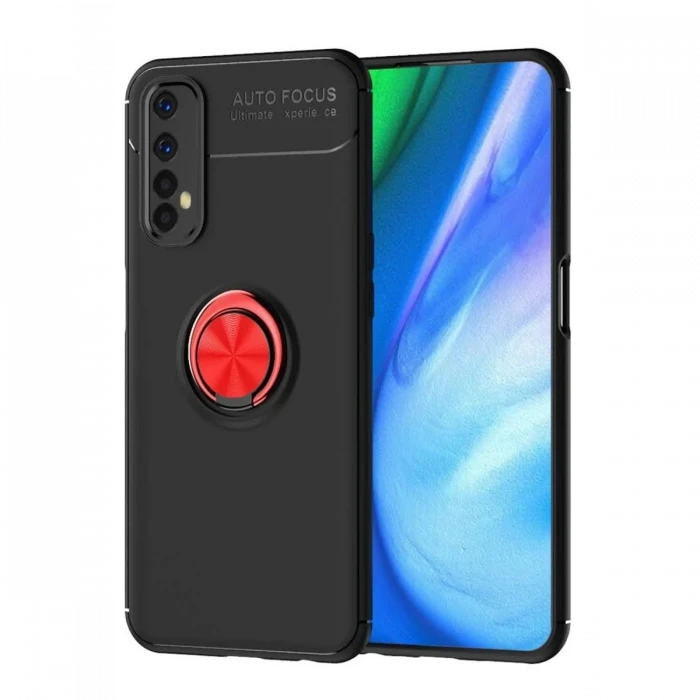 Newface Realme 7 Kılıf Range Yüzüklü Silikon - Siyah-Kırmızı