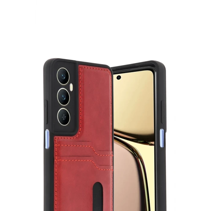 Newface Realme C65 Sara Kartvizitli Deri Kılıf - Kırmızı