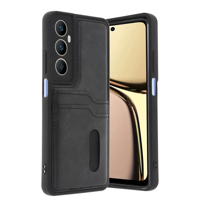 Newface Realme C65 Sara Kartvizitli Deri Kılıf - Siyah