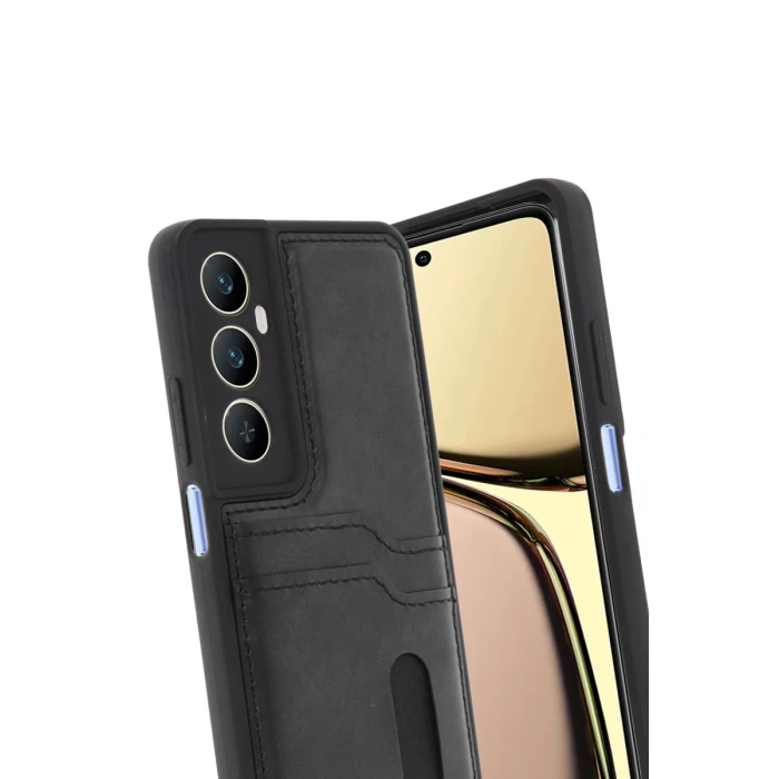 Newface Realme C65 Sara Kartvizitli Deri Kılıf - Siyah