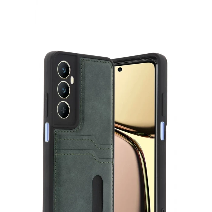 Newface Realme C65 Sara Kartvizitli Deri Kılıf - Yeşil
