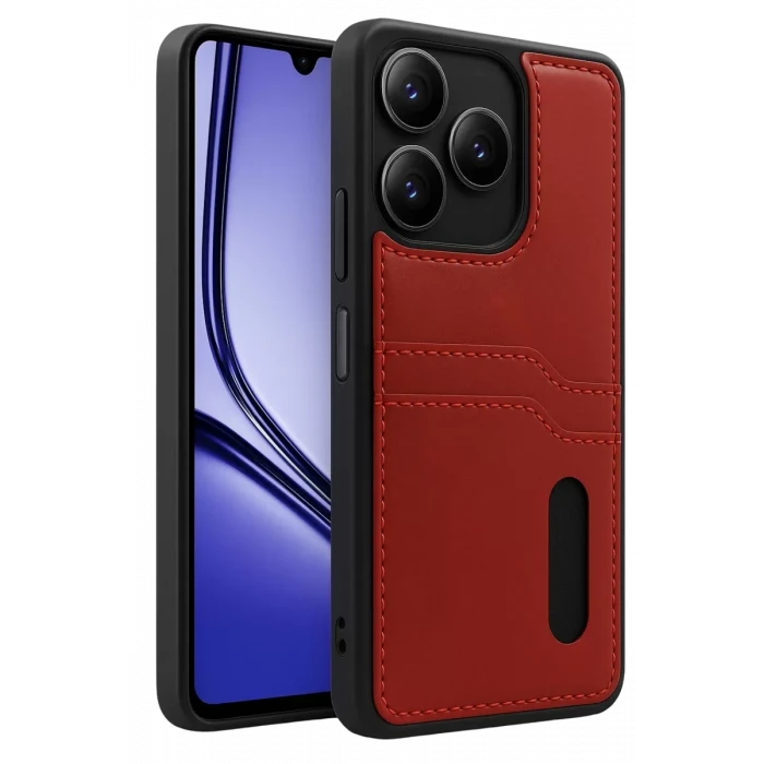 Newface Realme Note 50 4G Kılıf Sara Kartvizitli Deri Kılıf - Kırmızı