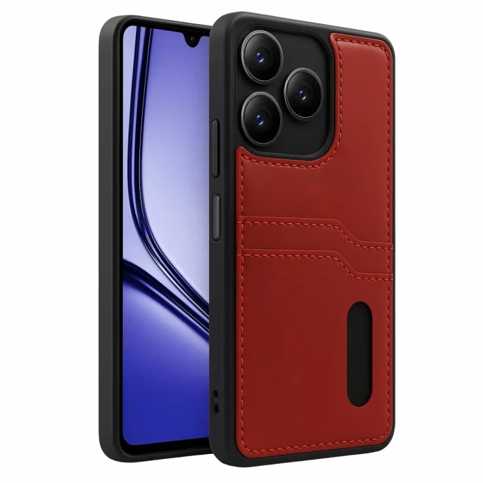 Newface Realme Note 50 4G Kılıf Sara Kartvizitli Deri Kılıf - Kırmızı