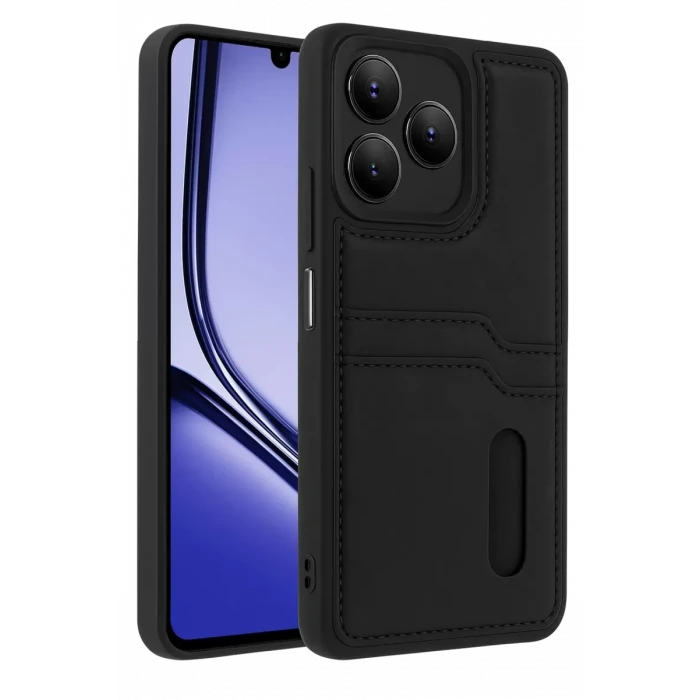 Newface Realme Note 50 4G Kılıf Sara Kartvizitli Deri Kılıf - Siyah
