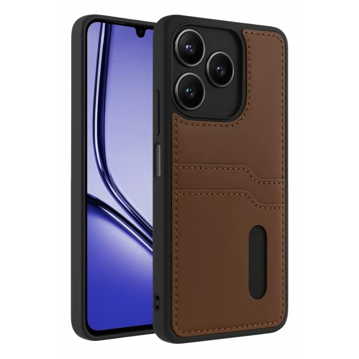 Newface Realme Note 50 4G Kılıf Sara Kartvizitli Deri Kılıf - Taba