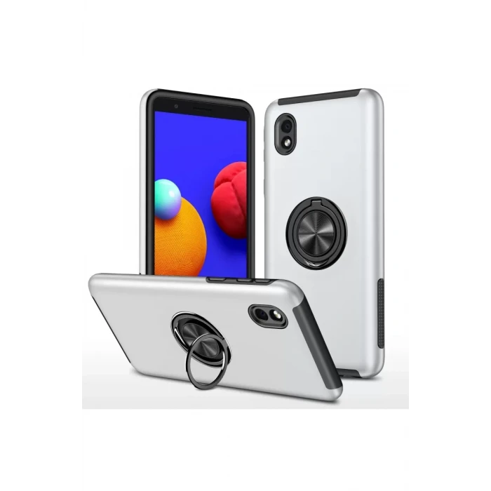 Newface Samsung Galaxy A01 Core Kılıf Elit Yüzüklü Kapak - Gümüş