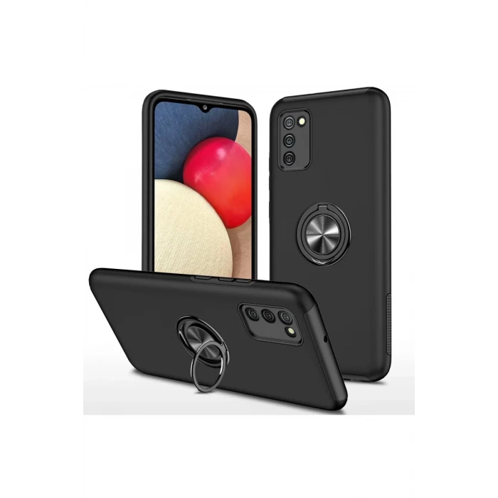 Newface Samsung Galaxy A02S Kılıf Elit Yüzüklü Kapak - Siyah