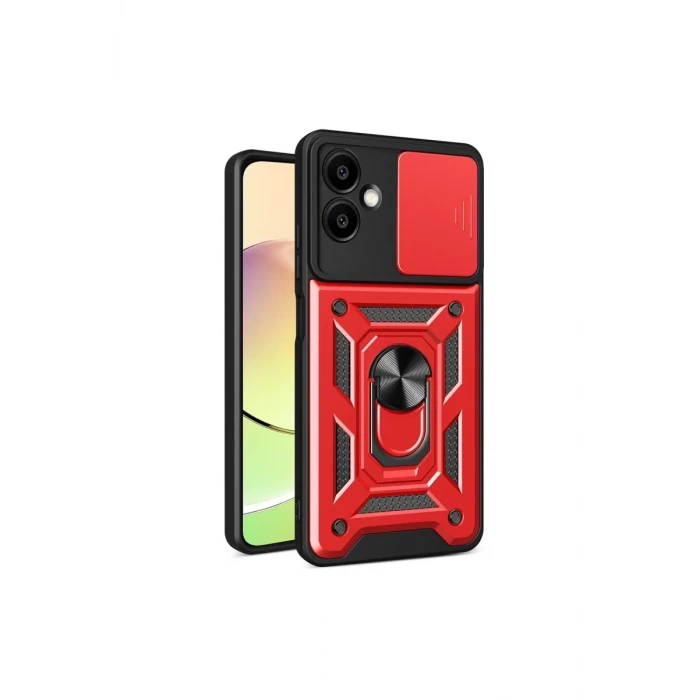 Newface Samsung Galaxy A06 Kılıf Pars Lens Yüzüklü Silikon - Kırmızı