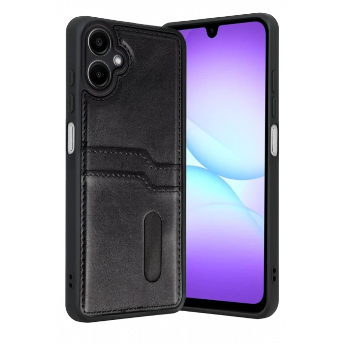 Newface Samsung Galaxy A07 4G Sara Kartvizitli Deri Kılıf - Siyah