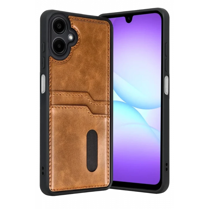 Newface Samsung Galaxy A07 4G Sara Kartvizitli Deri Kılıf - Taba