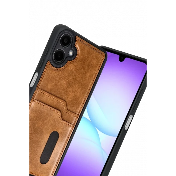 Newface Samsung Galaxy A07 4G Sara Kartvizitli Deri Kılıf - Taba