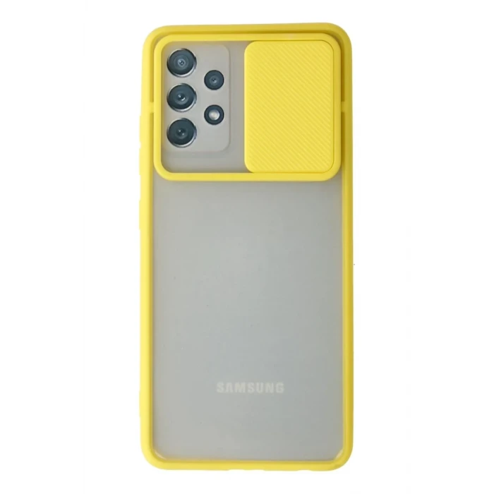Newface Samsung Galaxy A72 Kılıf Palm Buzlu Kamera Sürgülü Silikon - Sarı