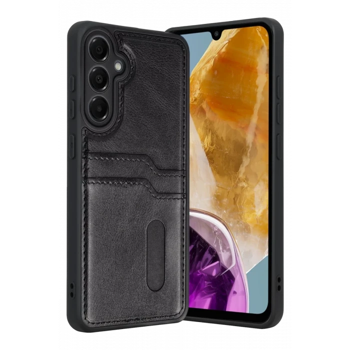 Newface Samsung Galaxy M15 Sara Kartvizitli Deri Kılıf - Siyah