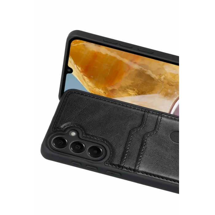 Newface Samsung Galaxy M15 Sara Kartvizitli Deri Kılıf - Siyah