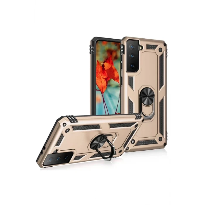 Newface Samsung Galaxy S21 Kılıf Sofya Yüzüklü Silikon Kapak - Gold