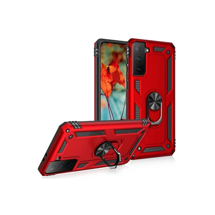 Newface Samsung Galaxy S21 Kılıf Sofya Yüzüklü Silikon Kapak - Kırmızı