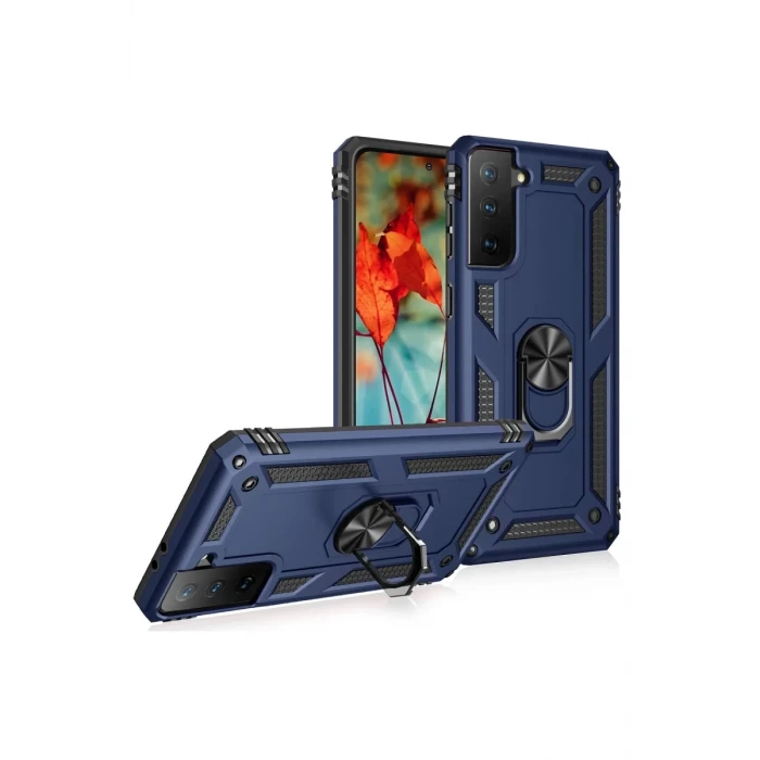 Newface Samsung Galaxy S21 Kılıf Sofya Yüzüklü Silikon Kapak - Lacivert