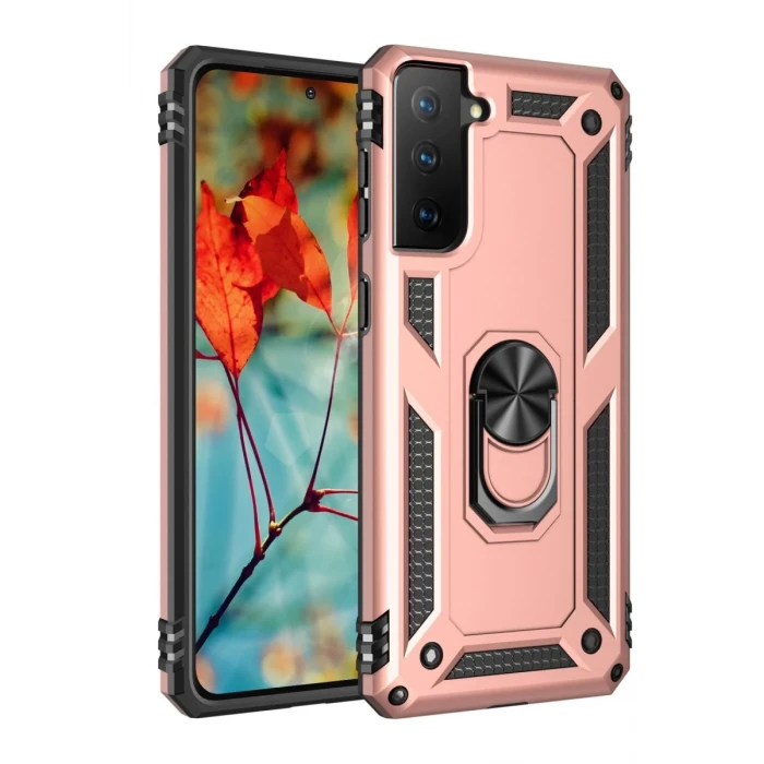Newface Samsung Galaxy S21 Kılıf Sofya Yüzüklü Silikon Kapak - Rose