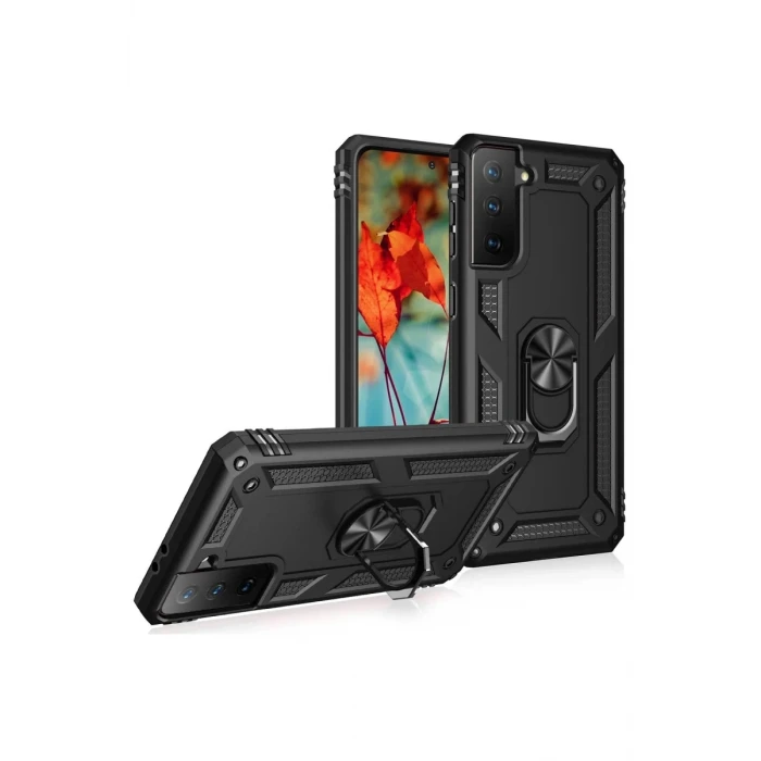Newface Samsung Galaxy S21 Plus Kılıf Sofya Yüzüklü Silikon Kapak - Siyah