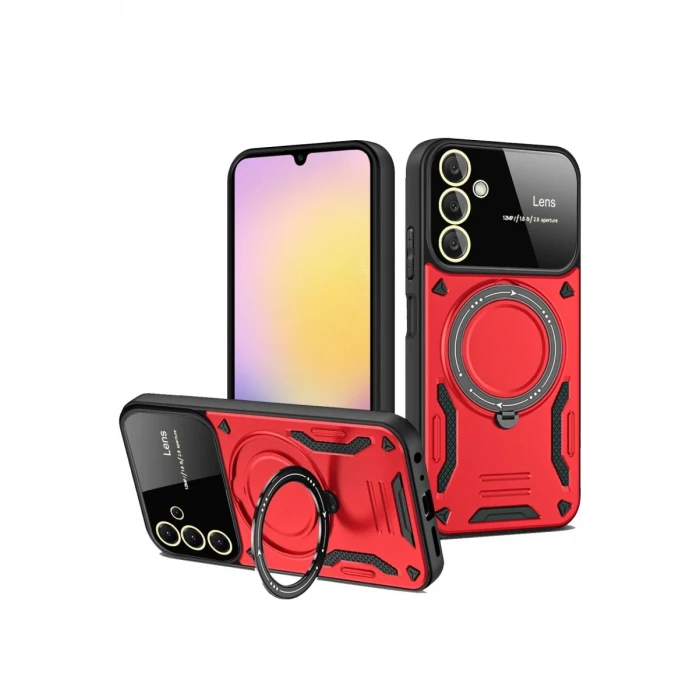 Newface Samsung Galaxy S25 Plus Kılıf Joy Lens Standlı Kapak - Kırmızı