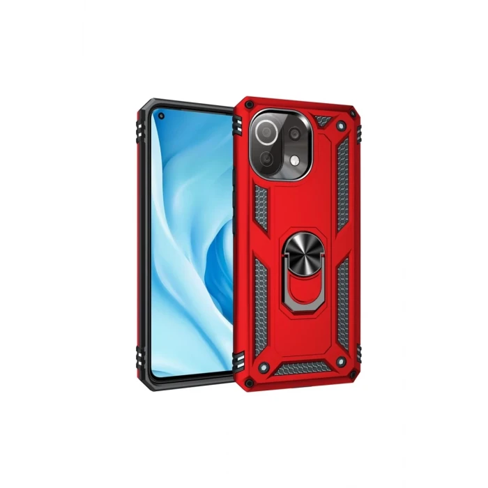 Newface Xiaomi Mİ 11 Lite Kılıf Sofya Yüzüklü Silikon Kapak - Kırmızı