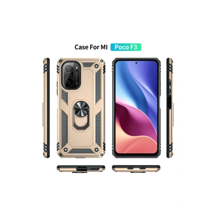 Newface Xiaomi Poco F3 Kılıf Sofya Yüzüklü Silikon Kapak - Gold