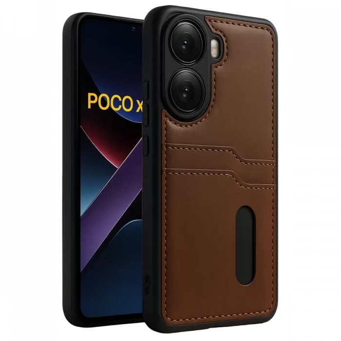 Newface Xiaomi Poco X7 Pro Kılıf Sara Kartvizitli Deri Kılıf - Taba