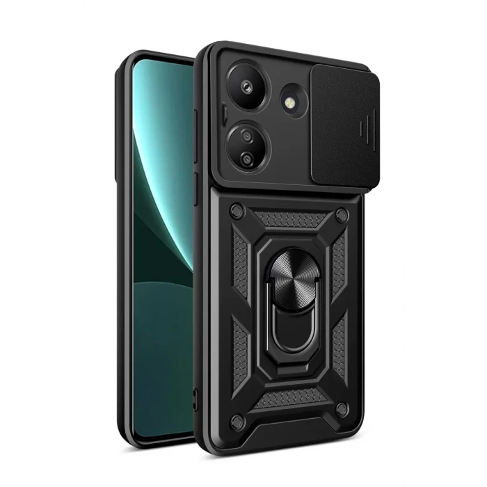Newface Xiaomi Redmi 13C Kılıf Pars Lens Yüzüklü Silikon - Siyah